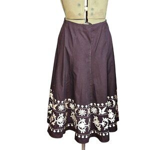 Woman's Sunny Taylor VTG boho-chic dark brown embroidered floral maxi skirt S10